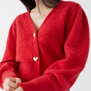 & Other Stories Red Cardigan with Gold Heart Buttons/ Size Med